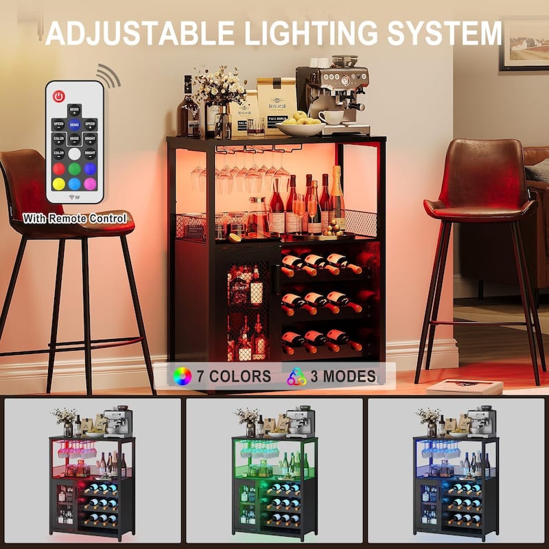 3-Tier Wine Bar Cabinet with LED Lights, Detachable Wine Rack and Storage Space, Small Liquor Bar Cabinet