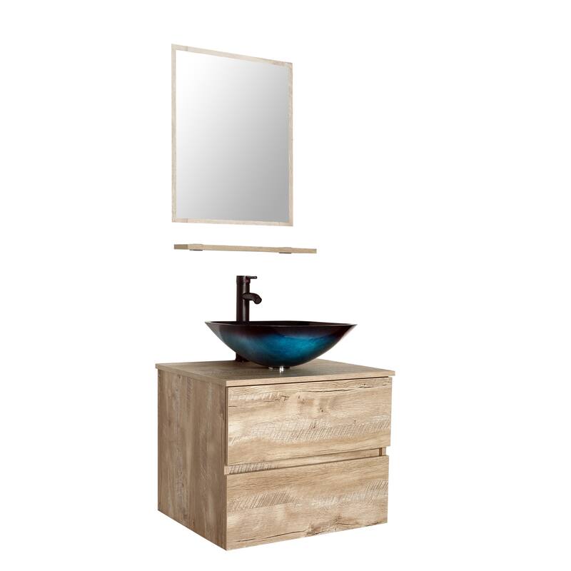 eclife 24" Wall Mounted Bathroom Vanity Ceramic Tempered Glass Sink Combo Natural 2 Drawers Cabinet Vanity Set