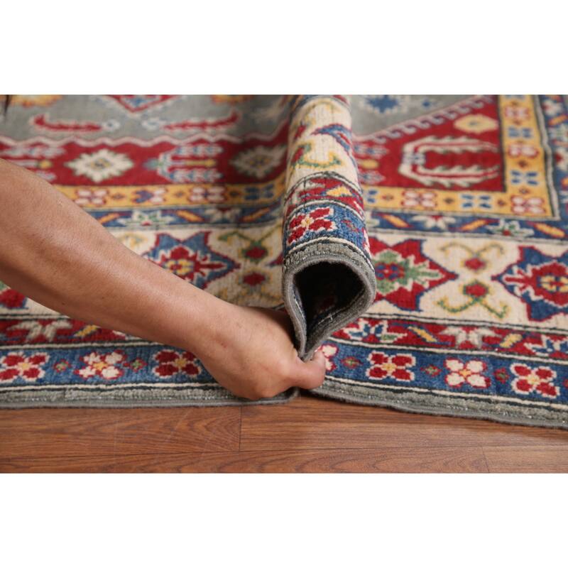 Hand Knotted Oriental 100% Wool Carpet Traditional Geometric Greys & Charcoal Kazak Area Rug - 9' 10'' X 6' 9''