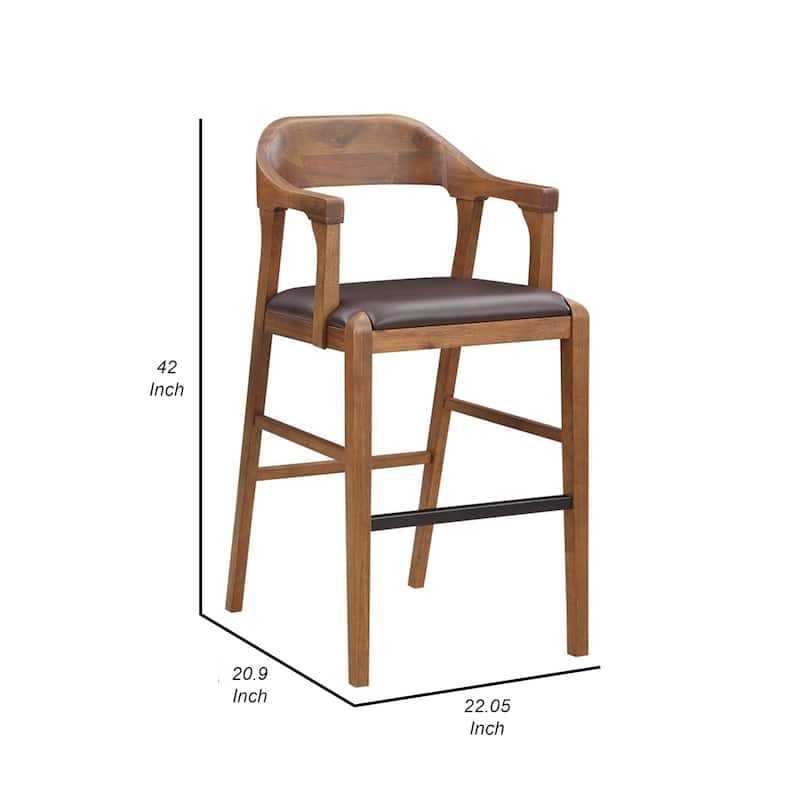 Rase 29 Inch Barstool Chair, Faux Leather Seat, Open Curved Back, Brown