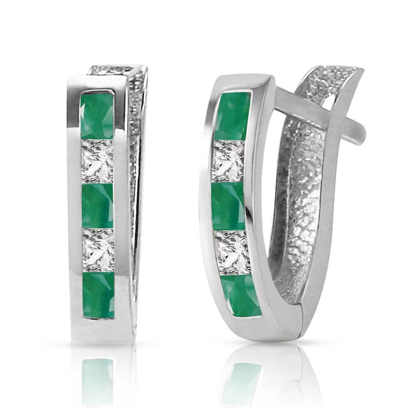 1.26 Carat 14K Solid Gold Emerald White Topaz Hoop Gemstone Earrings - White