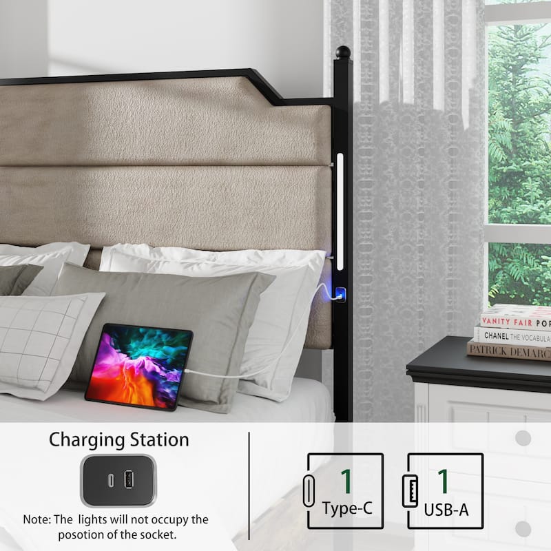 King Size Bed Frame with Charging Station and LED Lights