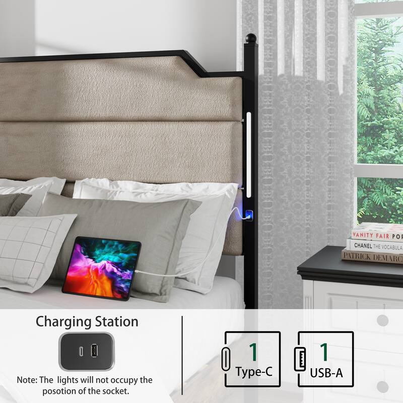 Modern Queen/King Bed Frame with USB Charging, LED Lights, Upholstered Headboard, Wood Slats, Easy Assembly