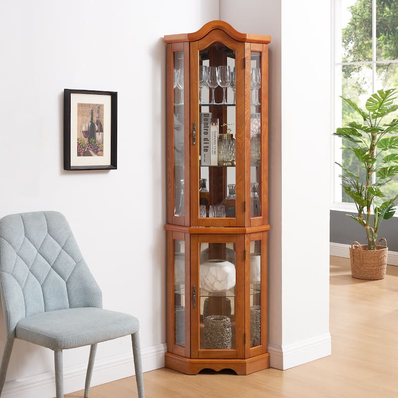 70" Lighted Corner Curio Cabinet with Tempered Glass Doors and Shelves