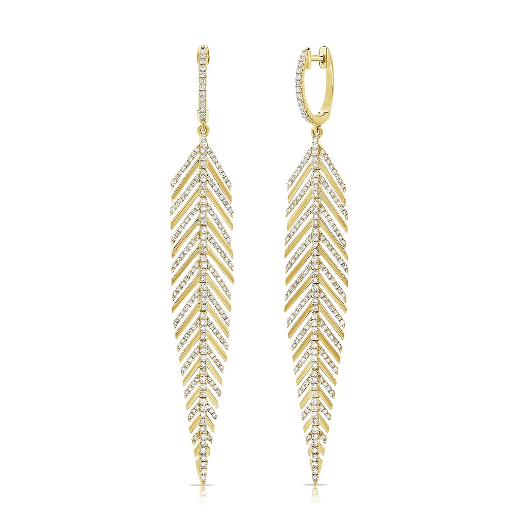 Joelle Collection 14K Yellow Gold Diamond Feather Dangle Earrings 2.75" Length
