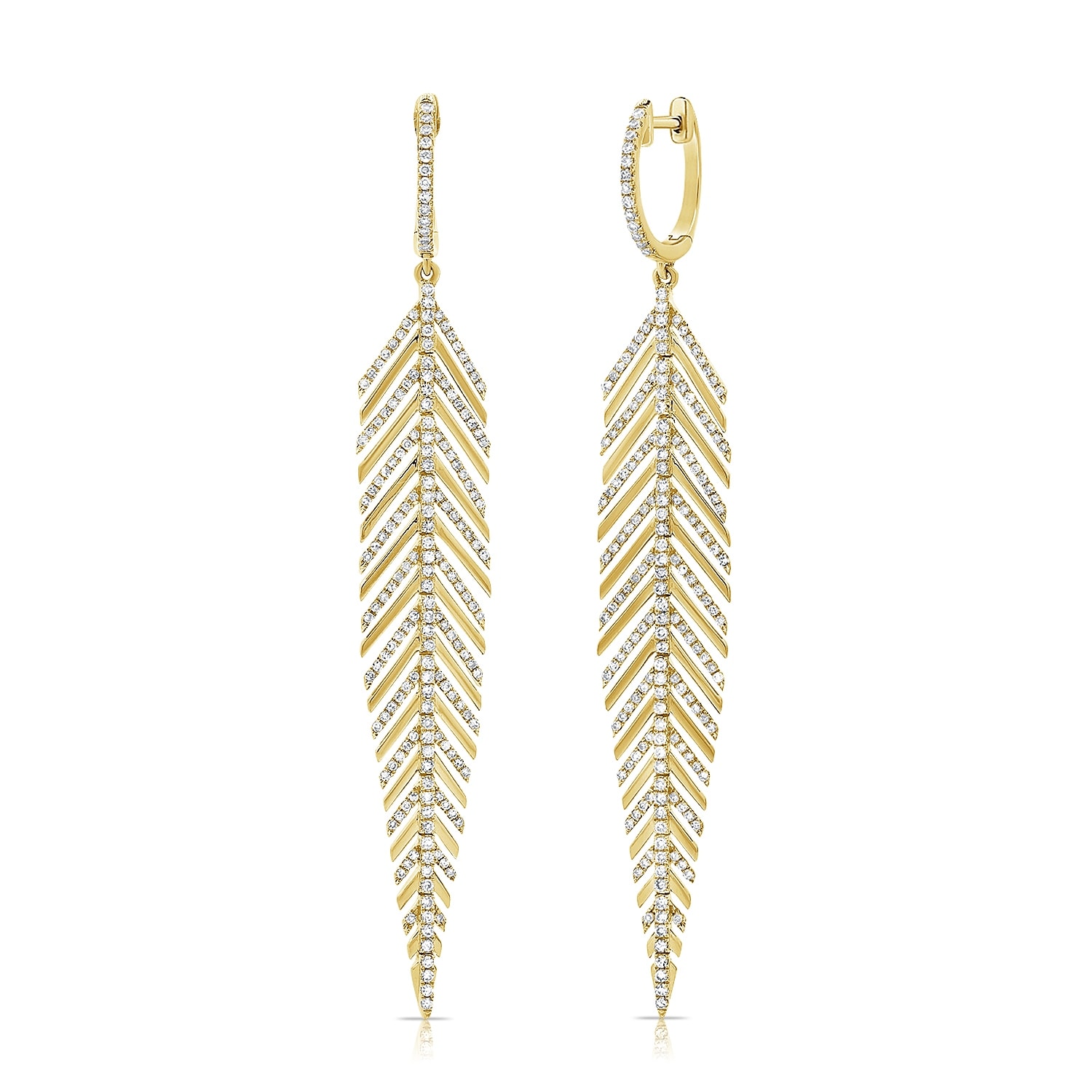 Joelle Collection 14K Yellow Gold Diamond Feather Dangle Earrings 2.75" Length