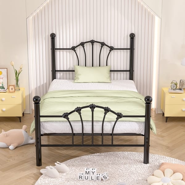 slide 2 of 27, VECELO Classic Twin Size Metal Bed Frame Shell Design with Roman Columns Sturdy Twin Bed Frame for Kids Space-Saving Twin Bed Black - Twin