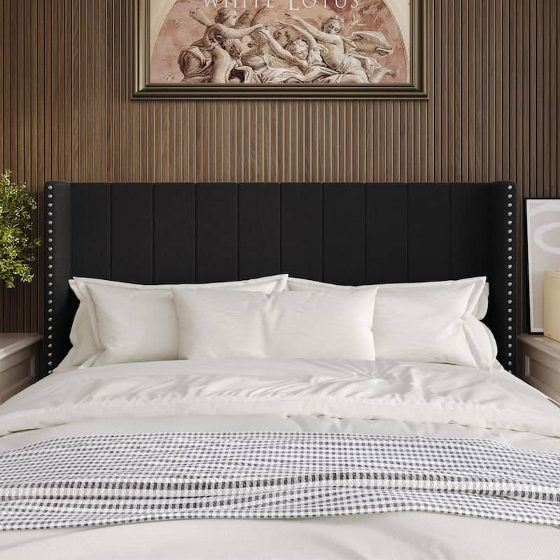 Clayfell Ipswich Upholstered Wingback Headboard with Nailhead Trim, Modern Vertical Channel Tufting, Easy Assembly - Black - Twin