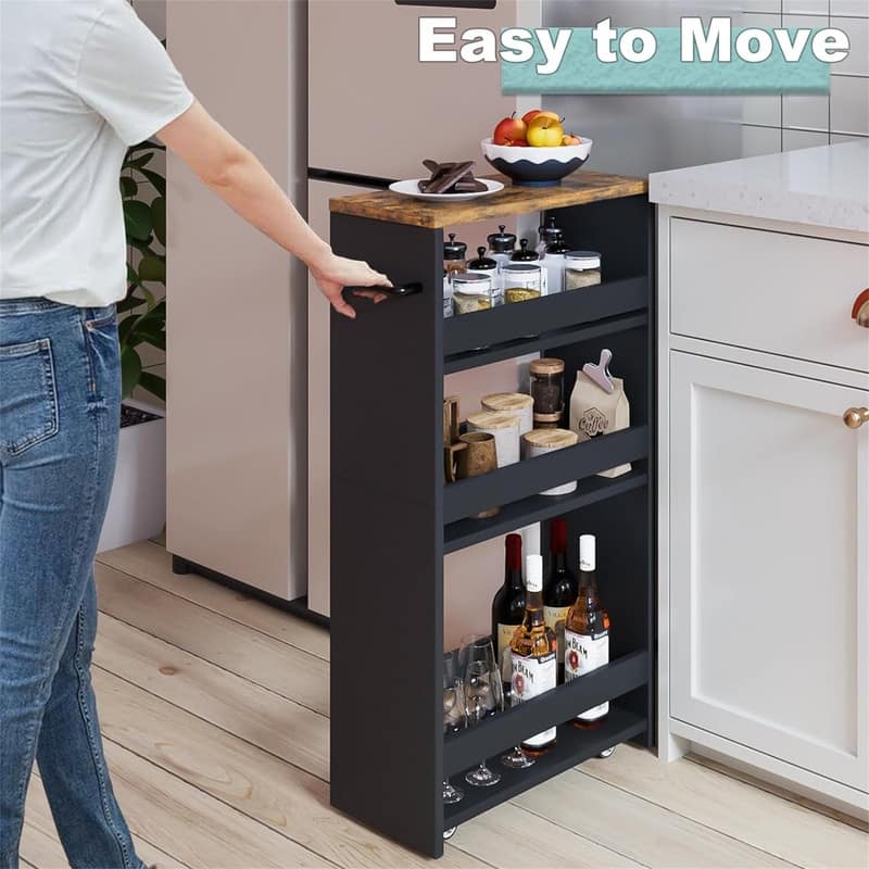Storage Cart 7.9" W 4Tier Black Kitchen Cart on Wheels