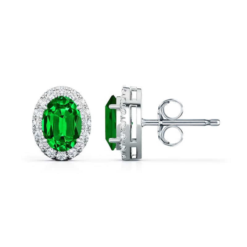Auriya 14k Gold Lab Grown Gemstone Green Emerald Stud Earrings Oval 0.25 to 5.00 ct. tw. Halo Push-Back - 0.75ct tgw. - White