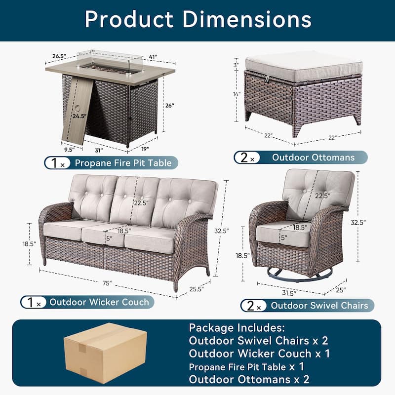 6 Pieces Outdoor Sofa Chair Ottoman with 41" Fire Table