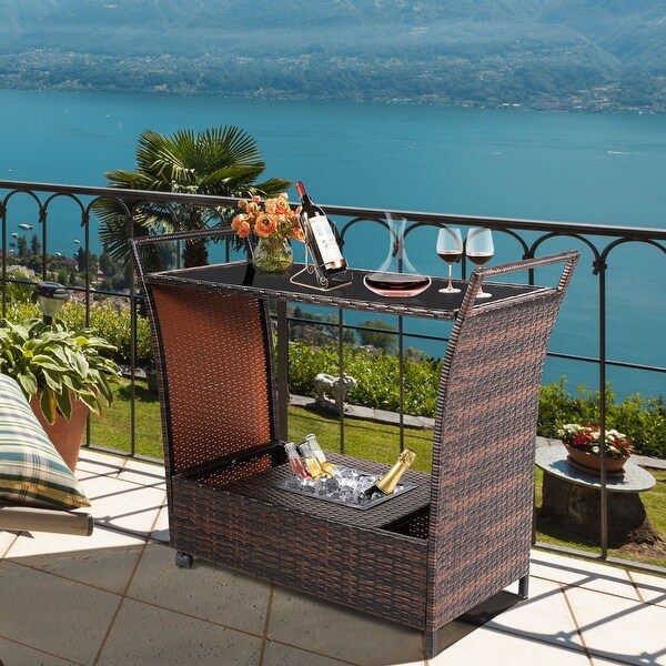 Gymax Rattan Patio Bar Cart Beverage Bar Counter Table w Wheels