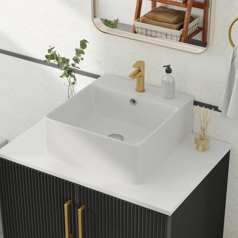 Freestanding Bathroom Vanity with White Stone Top Soft Close Doors and Gold Accents