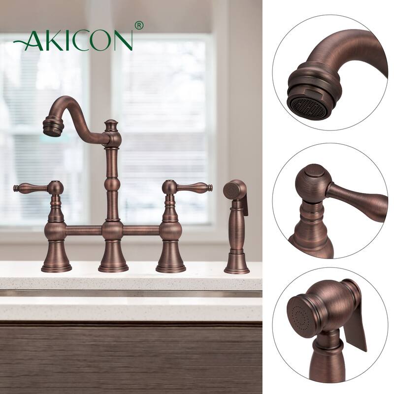 Two-Handles Bridge Kitchen Faucet with Side Sprayer 8-3/8 Inch High Arc