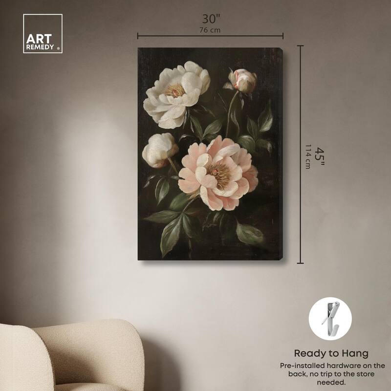 White Peonies in Dark II Canvas by Art Remedy, Gallery Wrapped