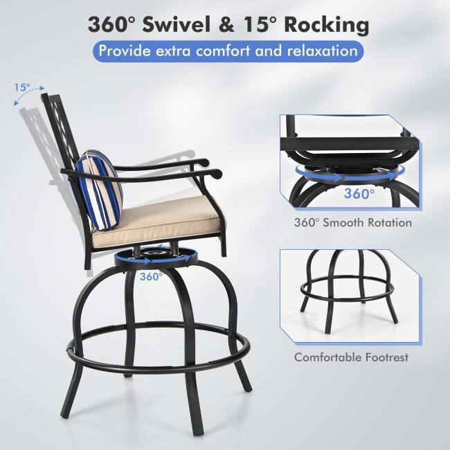 Set of 2 Outdoor Bar Height Chair with Soft Cushions - 27" x 23" x 43"(L x W x H)