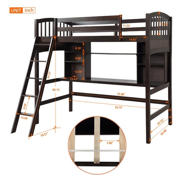 Moda Twin Size Loft Bed with Storage Shelves Desk Ladder Espresso