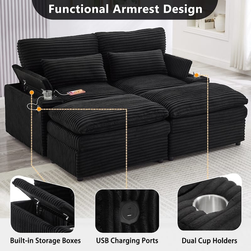 70.9" Loveseat Sectional Convertible Sofa with Ottomans and Storage Space, USB Ports