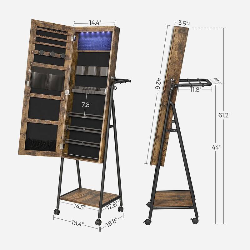 Rustic Brown Standing Lockable Mirror Jewelry Cabinet with 4 Wheels and 6 LED Lights