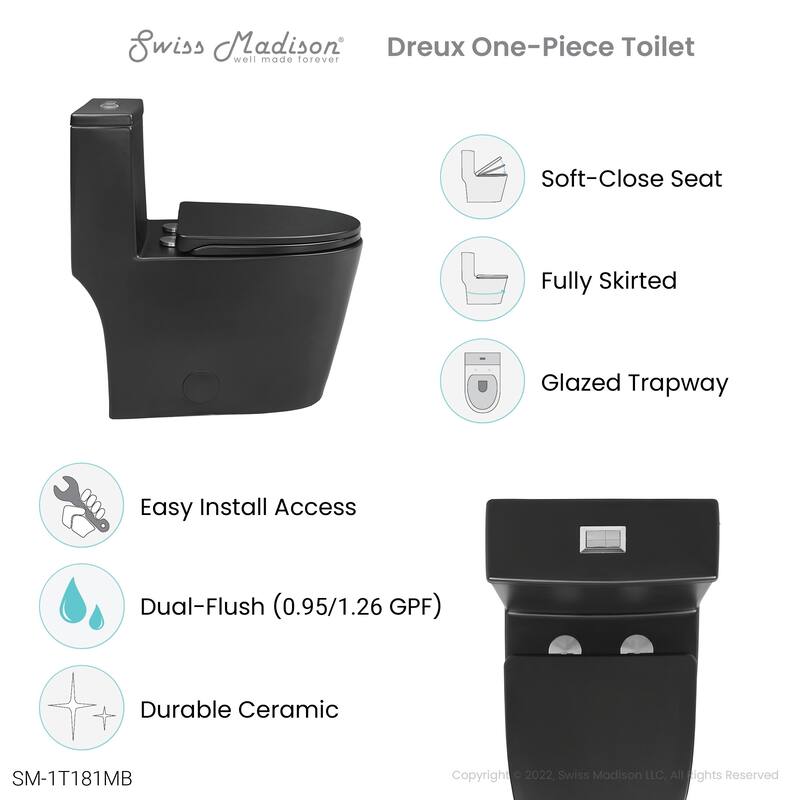 Dreux One Piece Elongated Dual Flush Toilet with 0.95/1.26 GPF