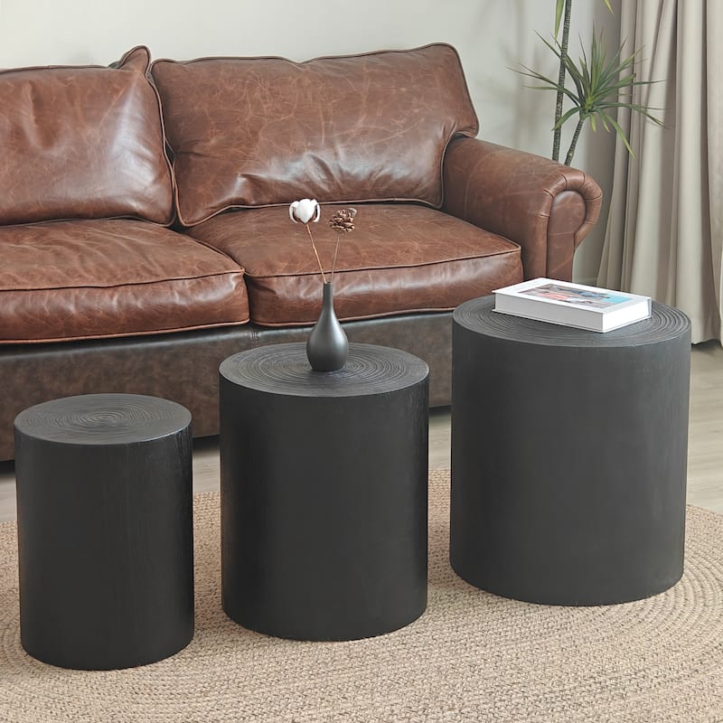Set of 3 Rustic Wooden Coffee Tables with Distinctive Tree Ring Patterns - Perfect for Living Room - Antique Black,Black,Distressed Black