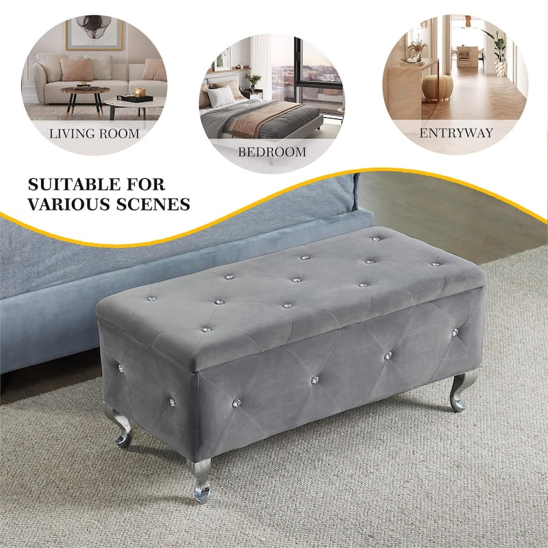 Large Tufted Upholstered Storage Ottoman Benches,Metal Legs,Crystal Buttons-Grey