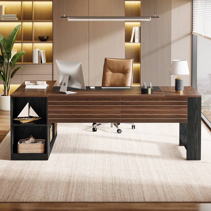 78 Inch L Shaped Executive Desk with Drawers for Home Office - Brown