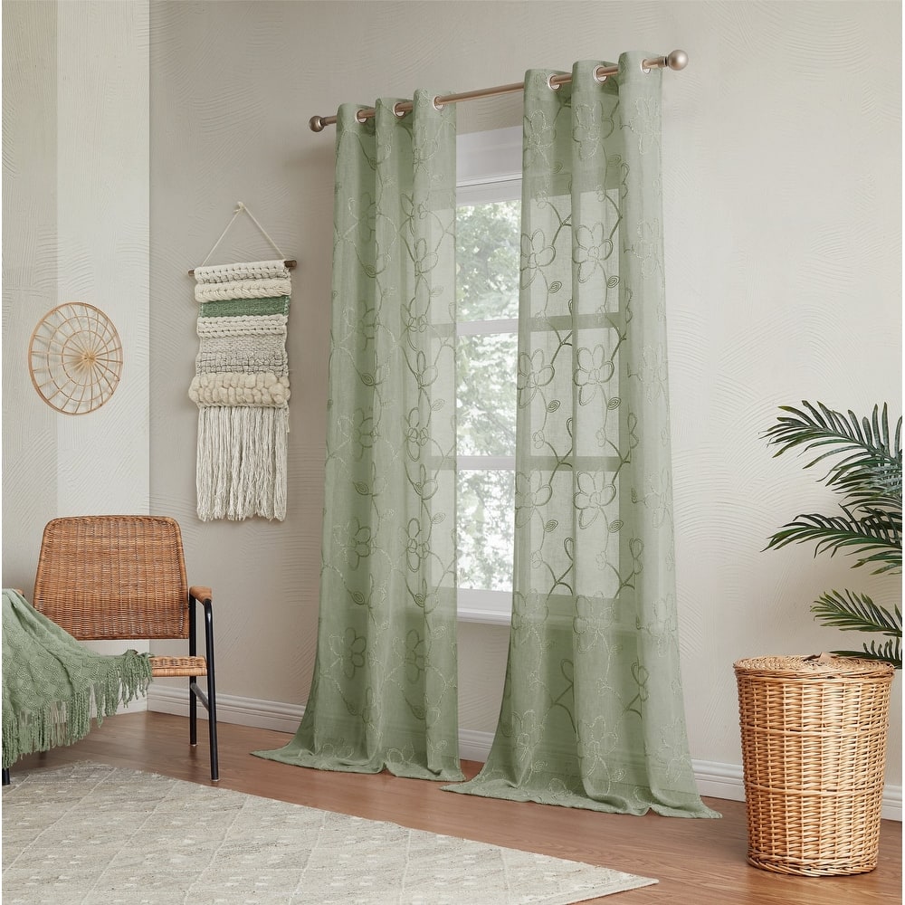 Dainty Home Rita Chenille Floral Embroidered Faux Linen Textured Light Filtering Grommet Curtain Panels, Set of 2 Panels