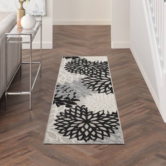 Nourison Aloha Floral Modern Indoor/Outdoor Area Rug - 2' x 6' Runner - Black White