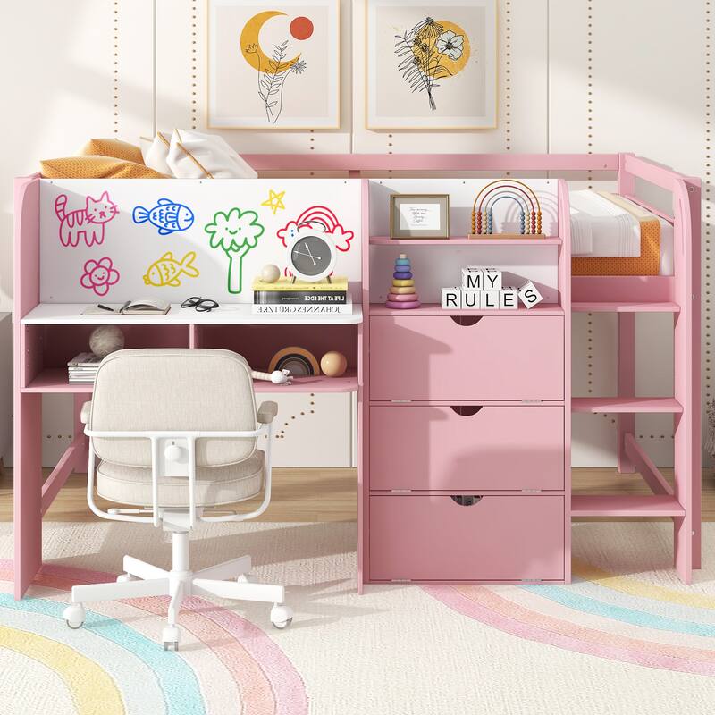 Full Size Low Loft Bed with Storage, Desk, Bookcase, and Graffiti Whiteboard for Kids