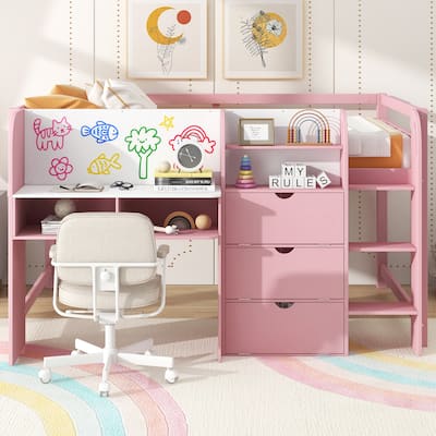 Wooden Full Size Low Loft Bed with Built-in Desk, Solid Pine Storage Loftbed Frame with Cabinets, Bookcase and Graffiti Board