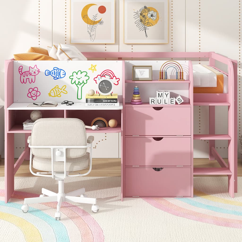 Wooden Full Size Low Loft Bed with Built-in Desk, Solid Pine Storage Loftbed Frame with Cabinets, Bookcase and Graffiti Board
