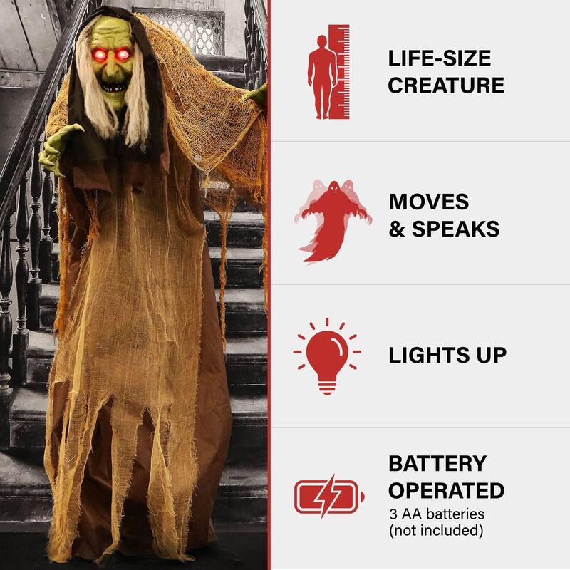 Haunted Hill Farm Animatronic Talking Hunchback Witch with Movement and Lights for Scary Halloween Decoration