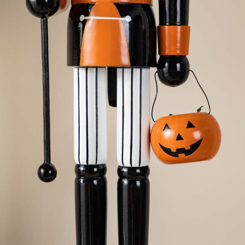 Glitzhome 18.50"H Halloween Wood Pumpkin Nutcracker with Ghost Ornament