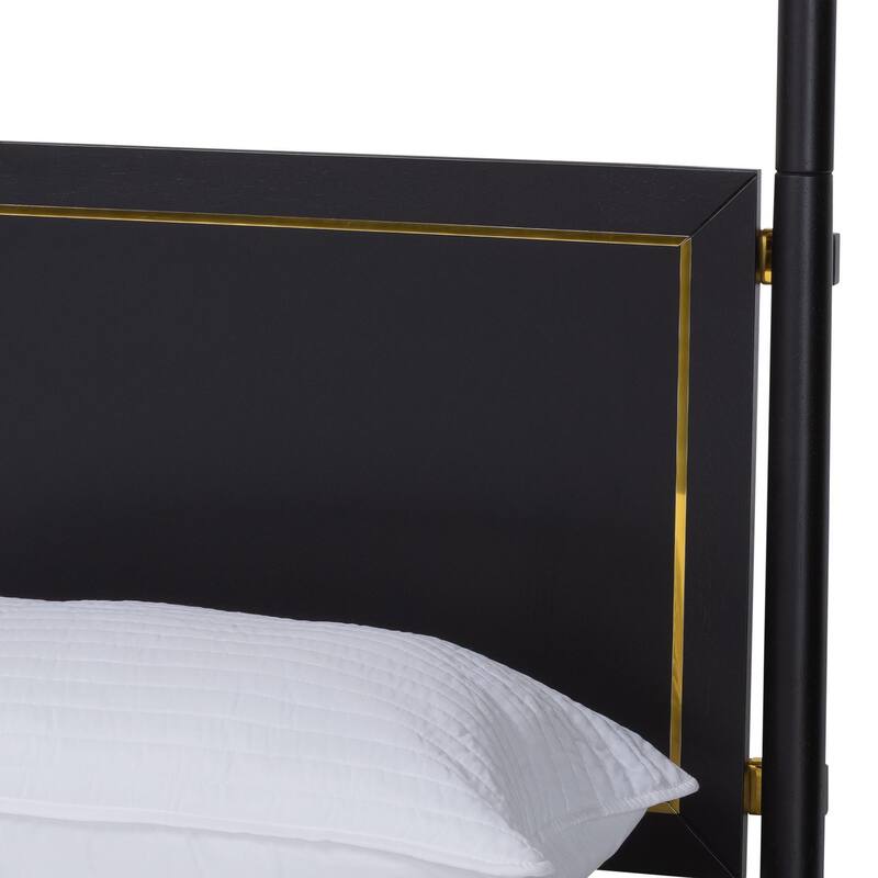 Tamra Four-Poster Platform Bed - Black Wood Bed Frame with Metallic Trim and Capped Legs, Modern Transitional Style, King