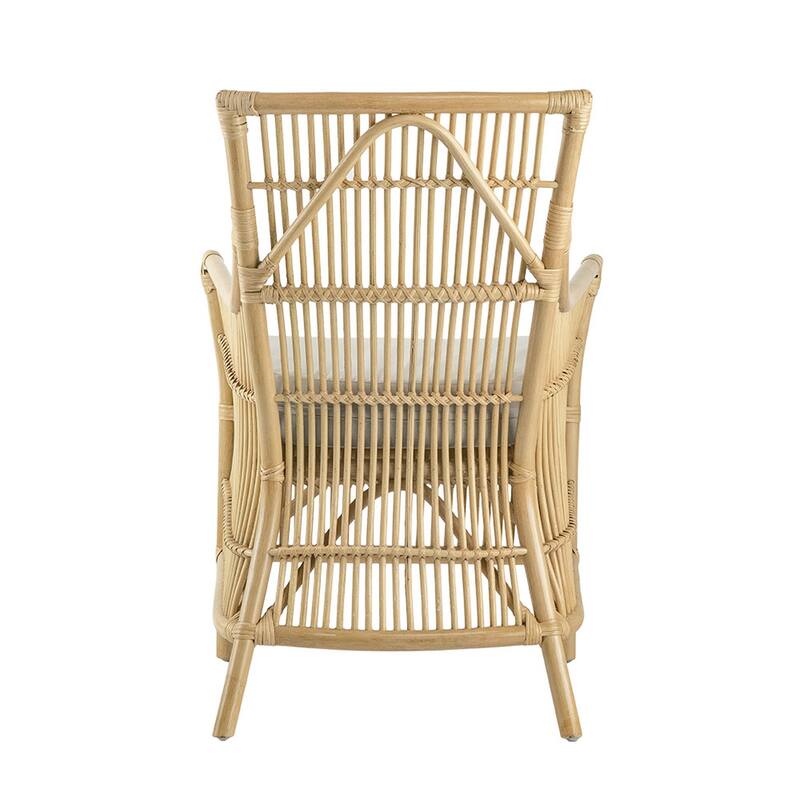 23 Inch Rattan Dining Armchair, White Fabric Padded Seat, Natural Brown
