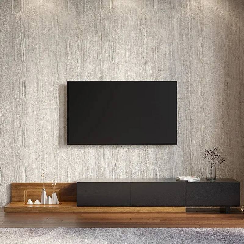 Modern Extendable TV Stand, Solid Wood Media Console for Up to 100 Inch TV with 3 Drawers, Fully-Assembled, Walnut Veneer