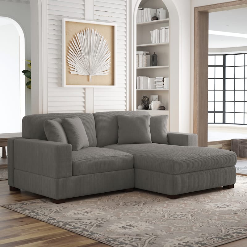 Corduroy Modular Couch Sectional Chaise Lounge Sofa - Light Grey - Right Facing