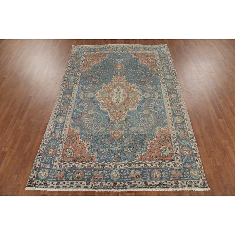 Blue Floral Tabriz Persian Vintage Area Rug Handmade Wool Carpet - 6'7"x 9'11"
