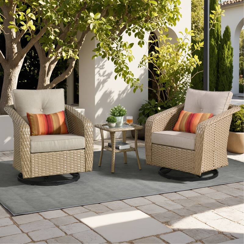 OVIOS Outdoor Wicker Swivel Chair 3-Piece Set (with Side Table) - Beige