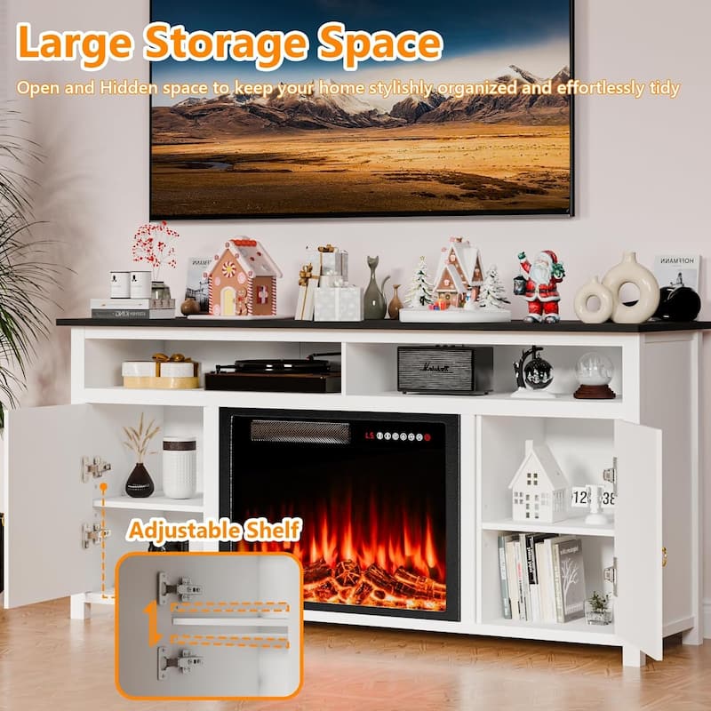 BOSSIN 58" Fireplace TV Stand for TV up to 65",Farmhouse Entertainment Center with Fireplace,Storage Cabinets,Adjustable Shelves