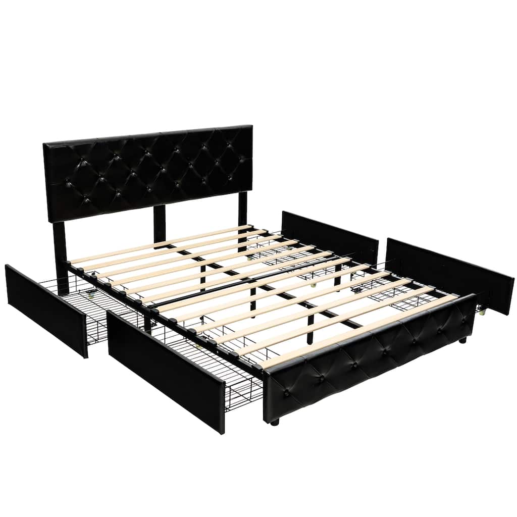 Costway Upholstered Platform Bed w/ 4 Drawers PU Leather Button Tufted