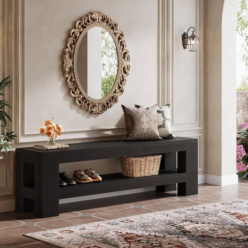 Wooden Entryway Bench with Storage Shelf, Console Shoe Bench, Hallway Kitchen End of Bed Accent Seat Storage Bench for Bedroom