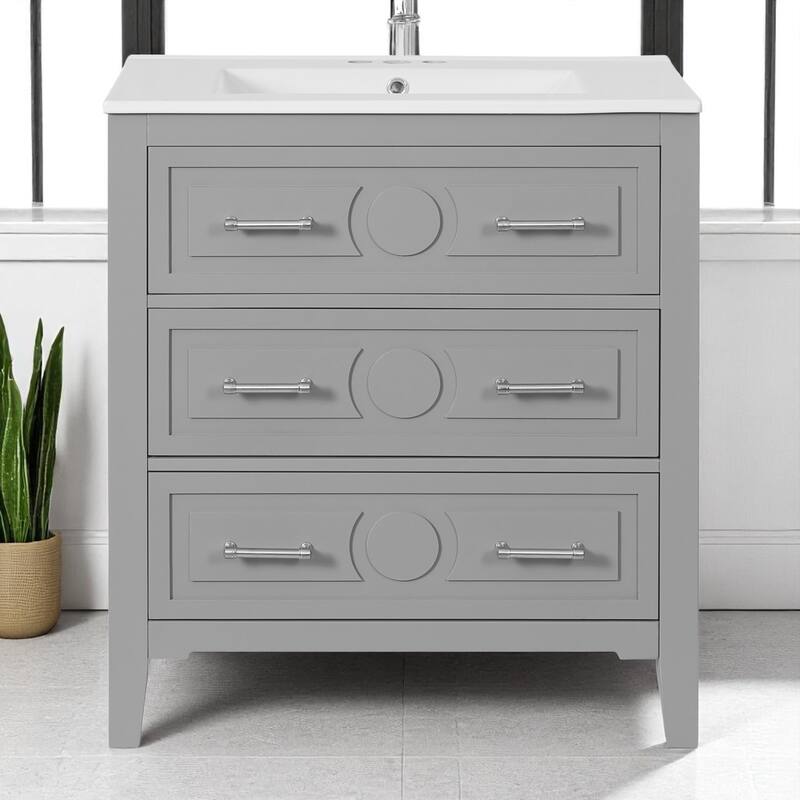 30" Bathroom Vanity with Ceramic Sink, 3 Drawers, Solid Wood Frame,Retro Cabinet, Pre-Drilled for 4" Faucet, Storage Organizer
