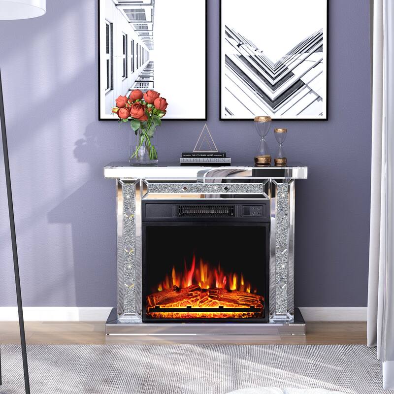 29.13'' W Modern Electric Fireplace with Mirrored Mantel - Black