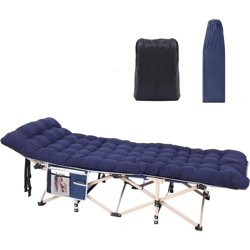 Camping Cot, Folding Camping Cot Folding Cot for Adults with Mattress, Pillow and Side Mesh Holders Holds Weights Up to 500Lbs - Set of 1 Navyblue