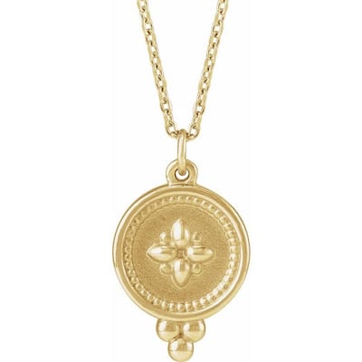 Curata 14k Yellow Gold Polished Beaded Disc 16-18" Necklace 15.8x10.7 mm