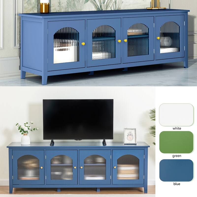 TV Stand Cabinet with 4 Glass Doors, Wood Entertainment Center - 70.87L x 17.72W x 24.02Hinches