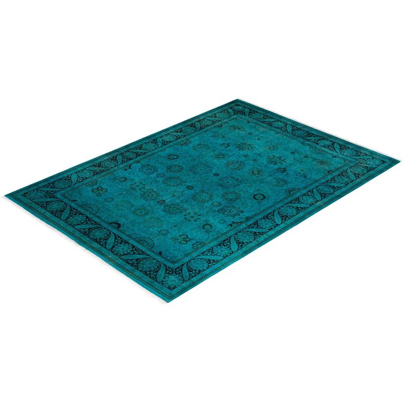 Overton Hand Knotted Wool Vintage Inspired Modern Contemporary Overdyed Blue Area Rug - 6' 1" x 8' 9"