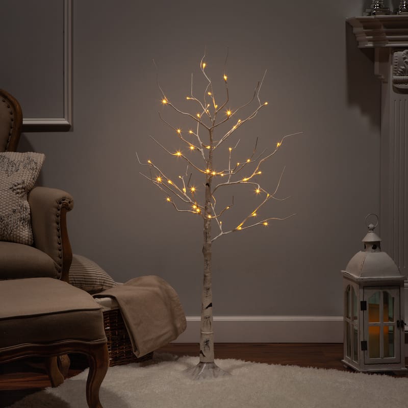 4 ft Tall Prelit Birch Tree with 48 Warm White LED Lights - N/A